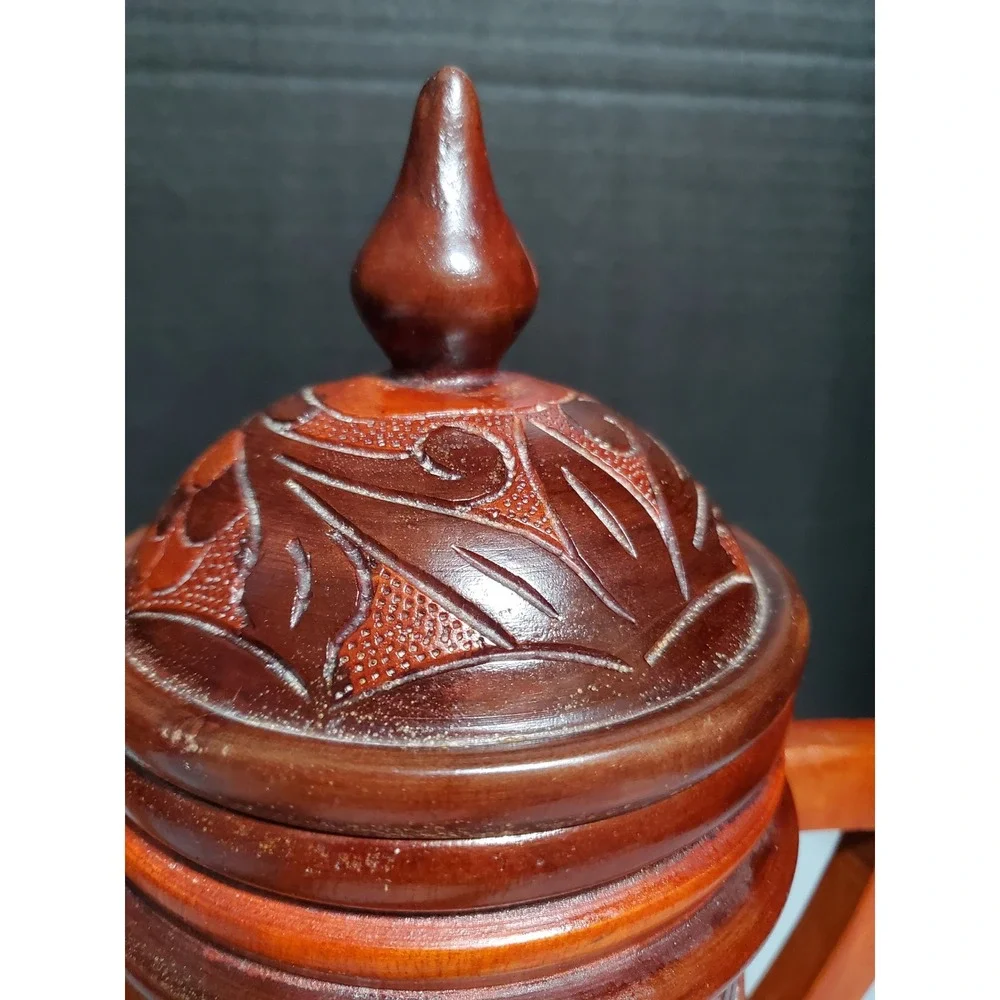 Hand‎ Carved Wood Teapot with Lid Rustic Floral Design Decorative Accent Piece